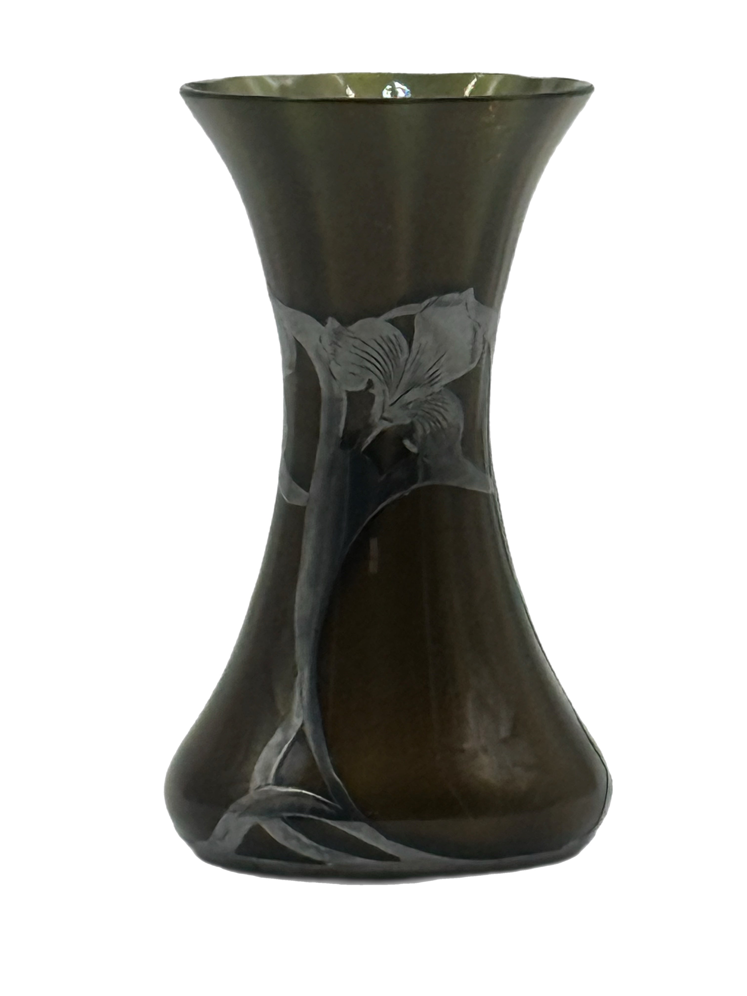 Early 20th Century Art Nouveau Green Glass Vase With Silver Floral Overlay