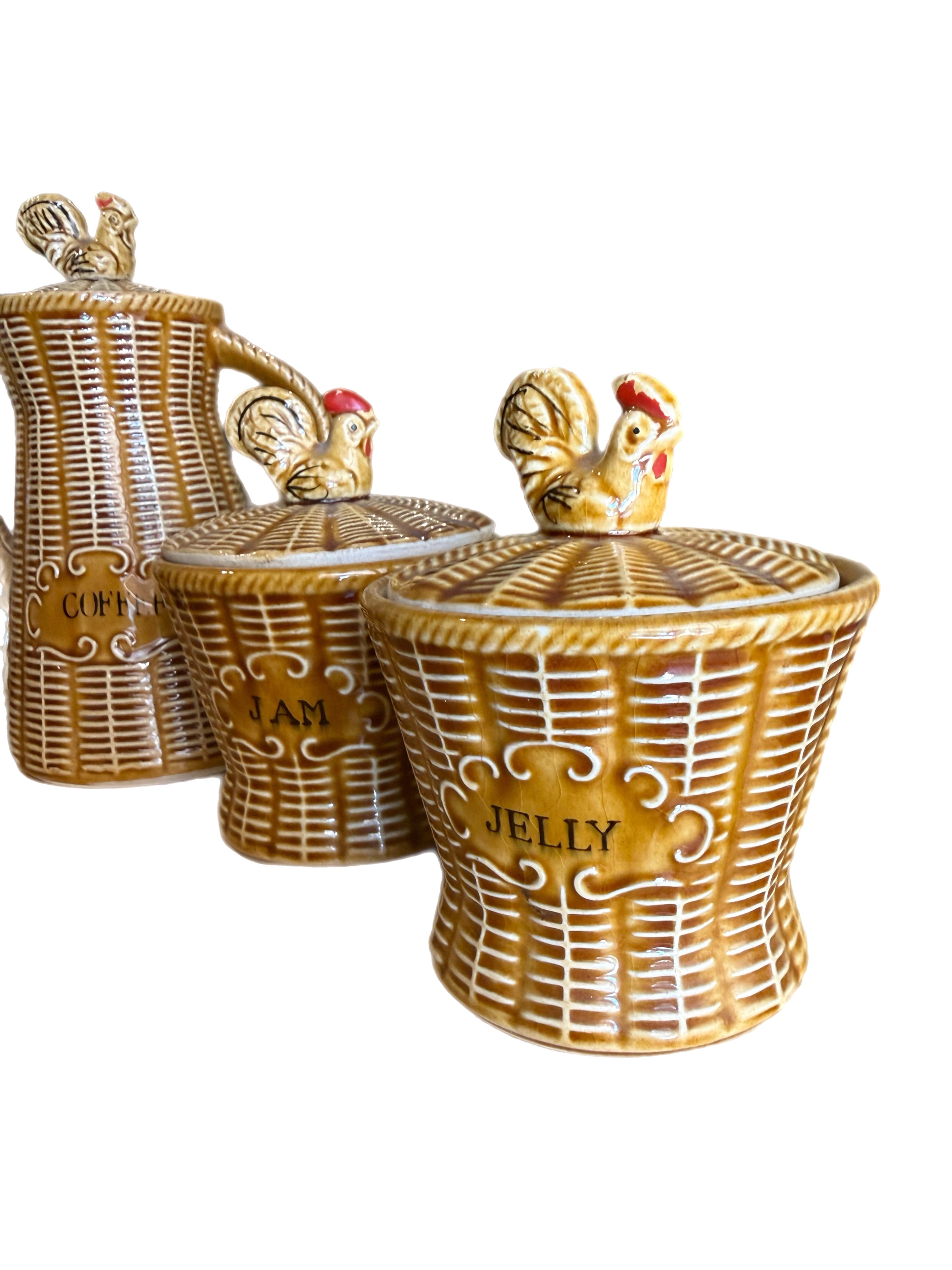 Vintage Majolica Rooster Basketweave Breakfast Set, 4 Pieces