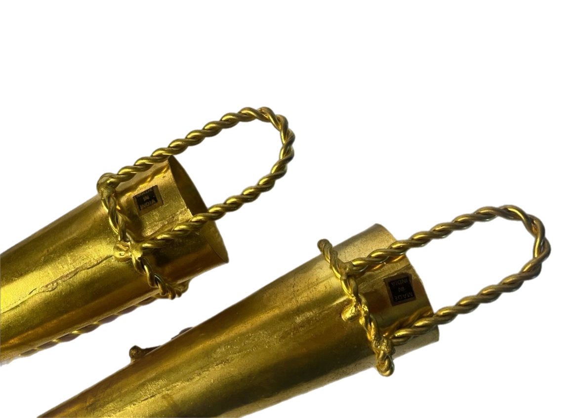 Late 20th Century Pair of Hollywood Regency Style Indian Brass Posey Wall Vases With Tassel Detail