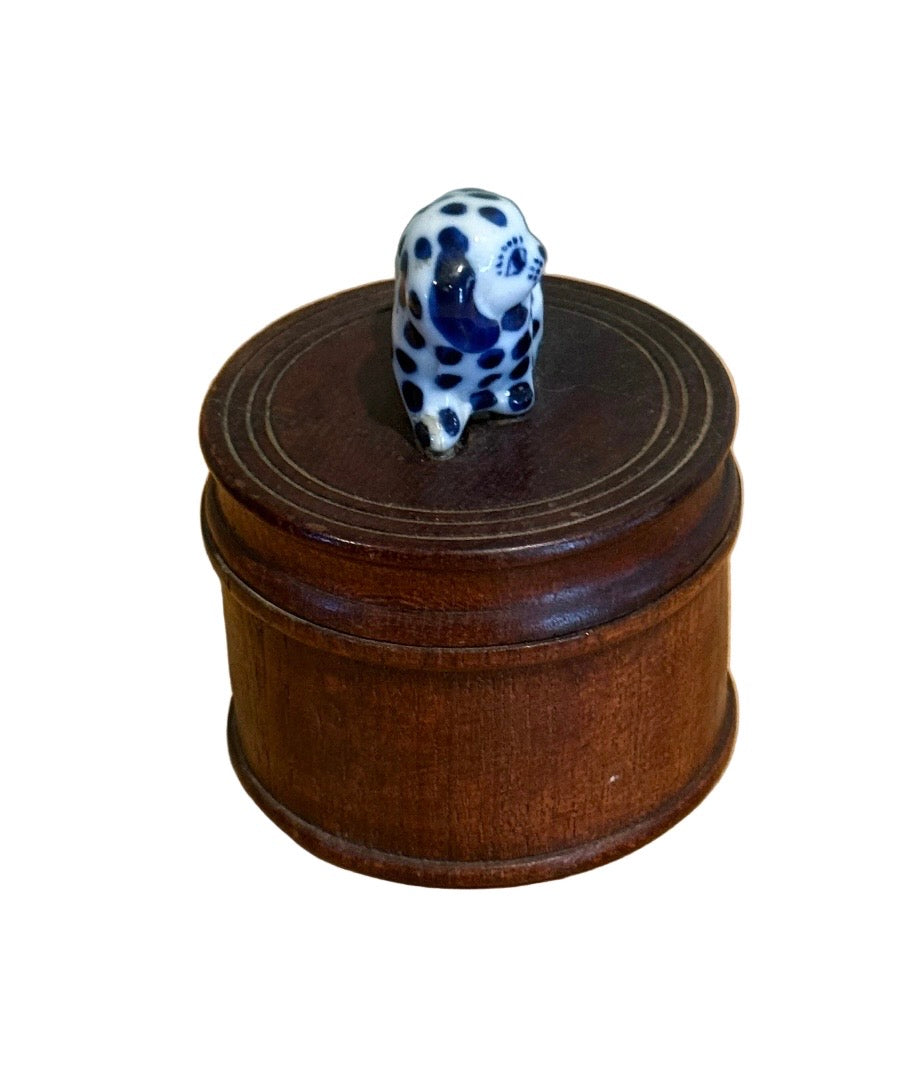 Thai Wood Round Box with Porcelain Spotted Spaniel Finial