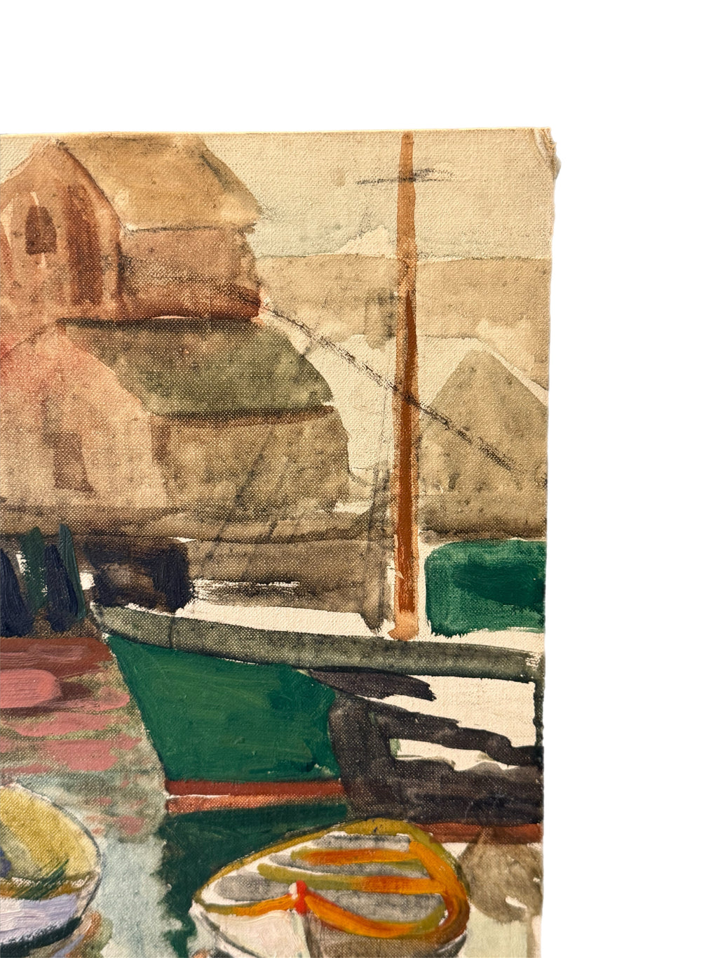 Mid-Century Modernist Harbor Scene, Mixed Media on Artist Board