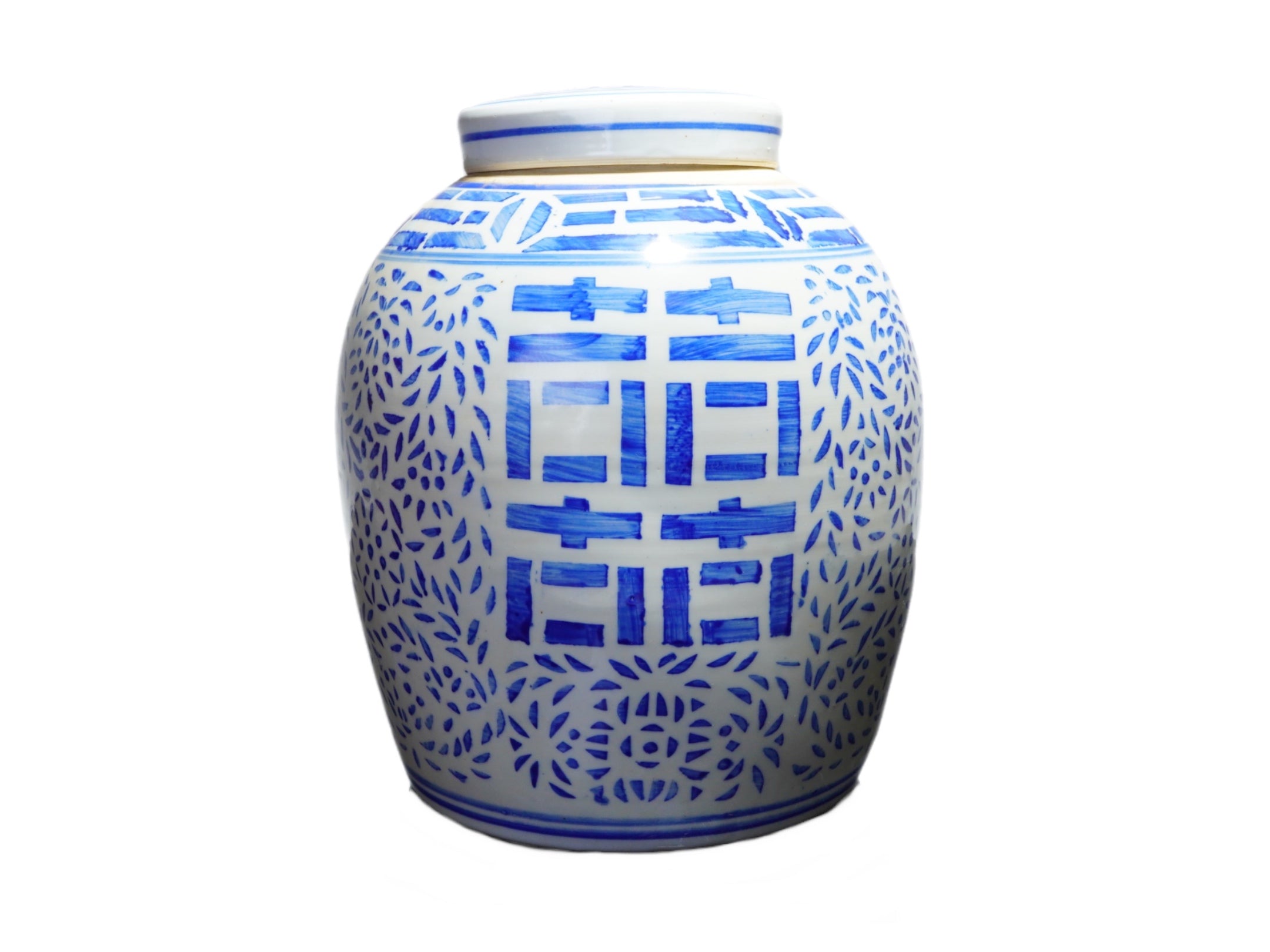 Chinese Export Porcelain Double Happiness Lidded Ginger Jar 10”