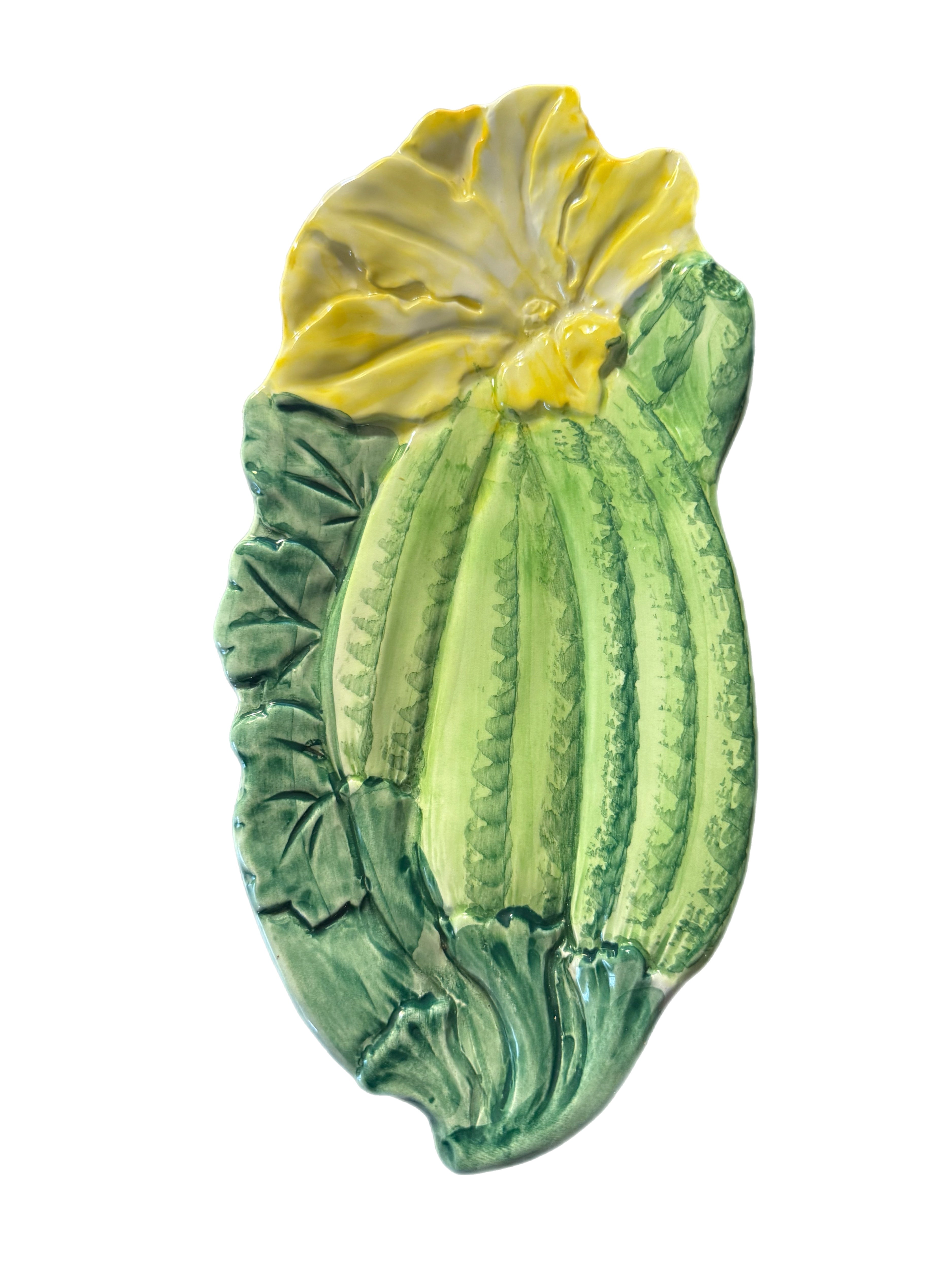 Late 20th Century Italian Majolica Hand-Painted Ceramic Zucchini Flower Serving Dish