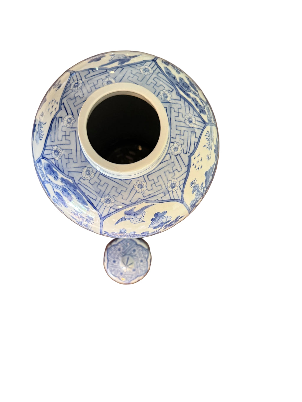 Large Vintage Baluster Form Blue and White Honeycomb Chinoiserie Vase With Fitted Lid