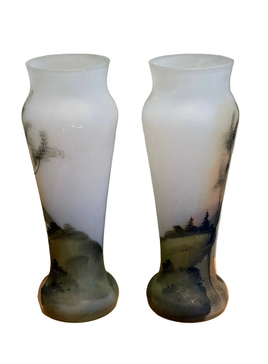 Pair of Early 20th Century Frosted Glass Vases With Hand-Painted Landscapes