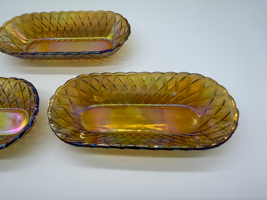 Mid 20th Century American Pressed Amber Carnival Glass Celery Dish - Set of 3
