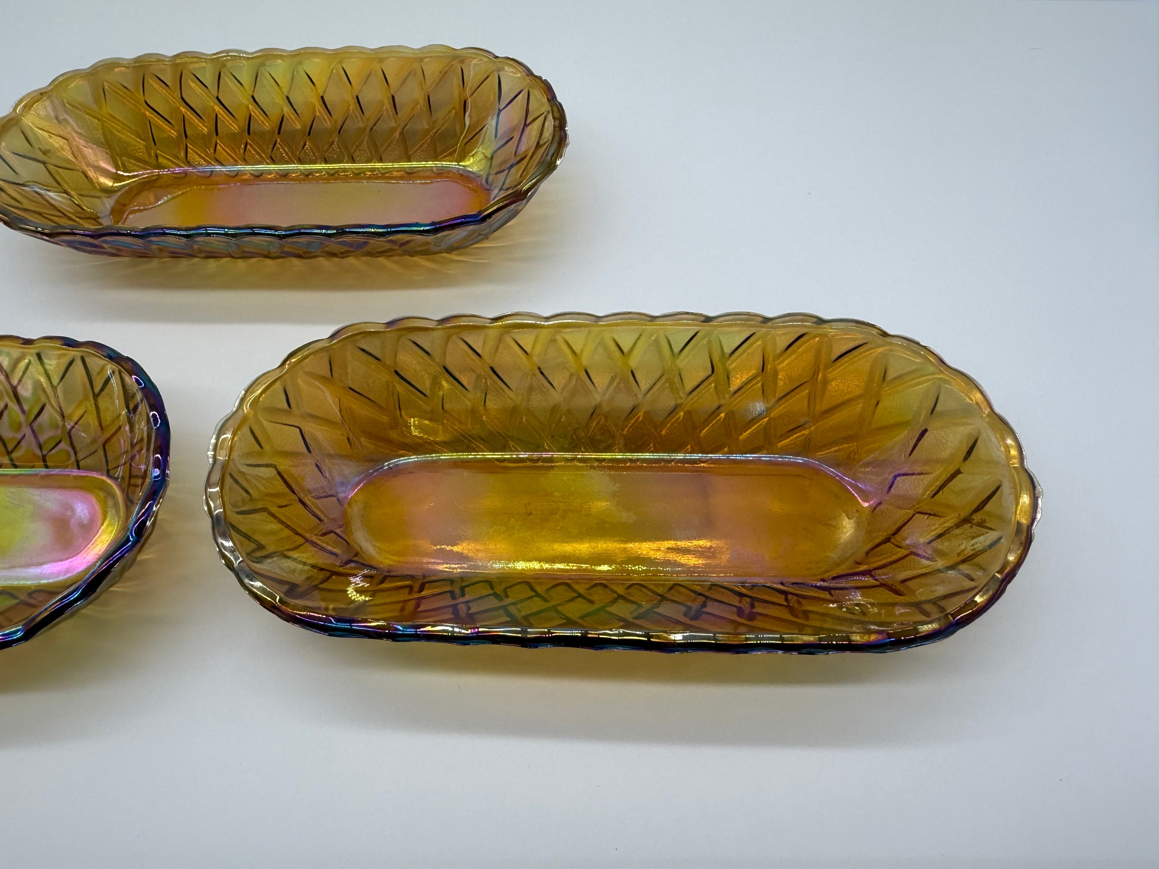 Mid 20th Century American Pressed Amber Carnival Glass Celery Dish - Set of 3