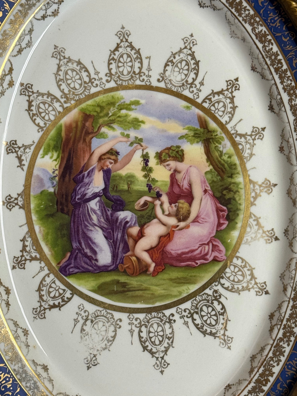 1960s Large Ornately Carved Gilt Framed 22kt Gold Classical Porcelain Plaque, Atlas International