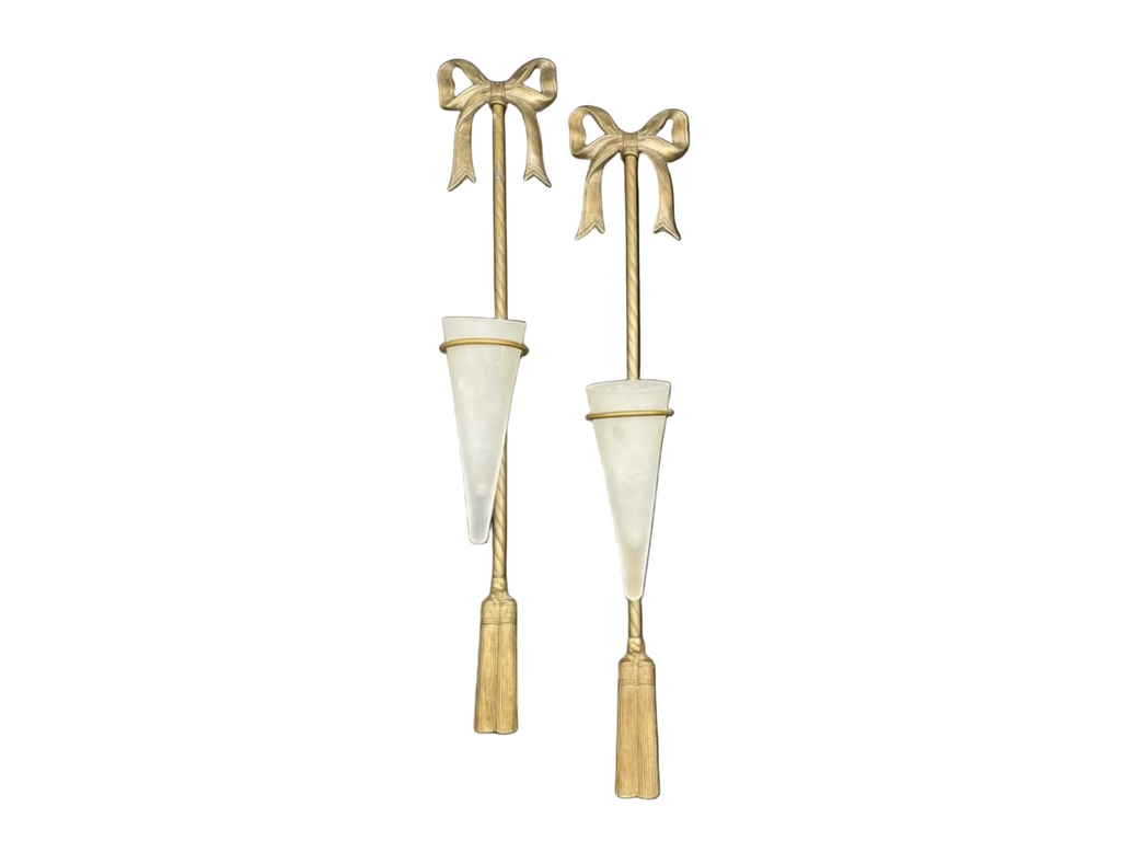 Late 20th Century Pair of Decorative Brass Wall Sconces With Bow Motif and Frosted Glass Vases