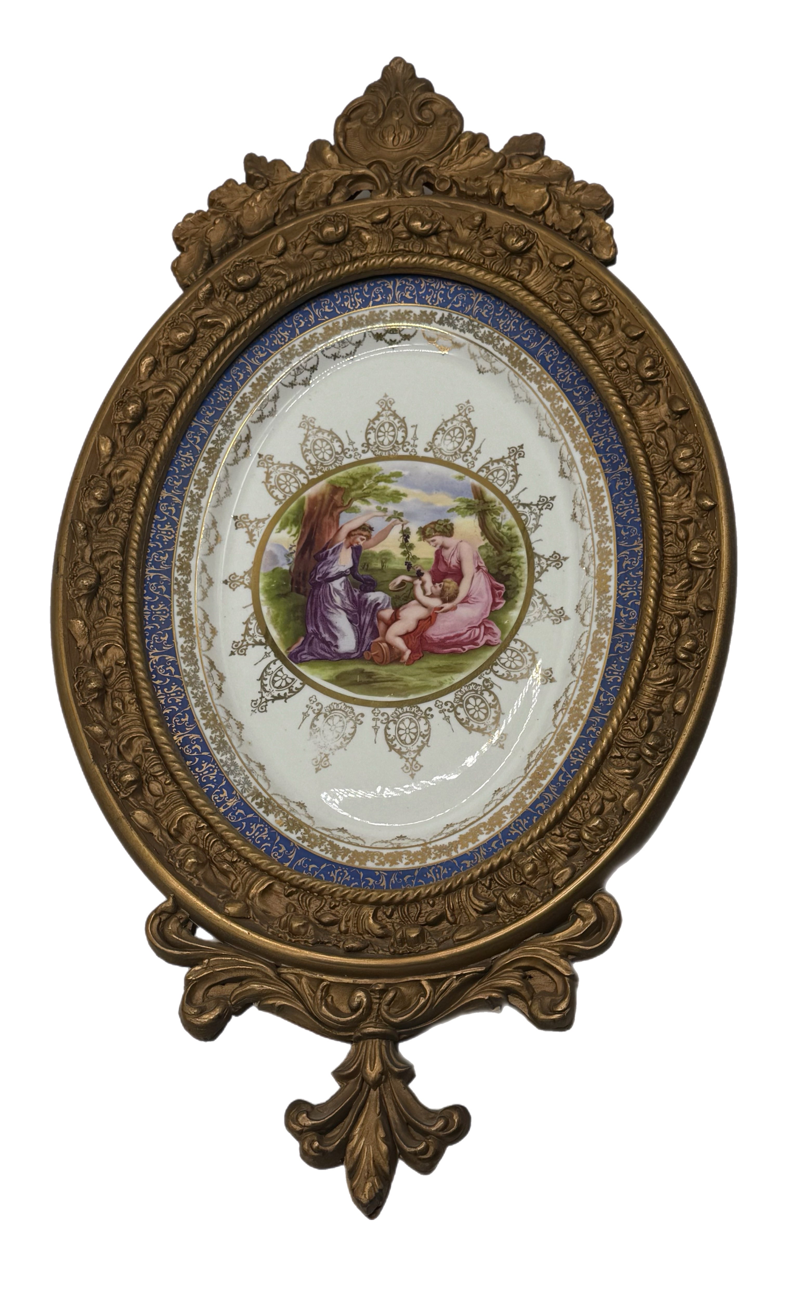 1960s Large Ornately Carved Gilt Framed 22kt Gold Classical Porcelain Plaque, Atlas International