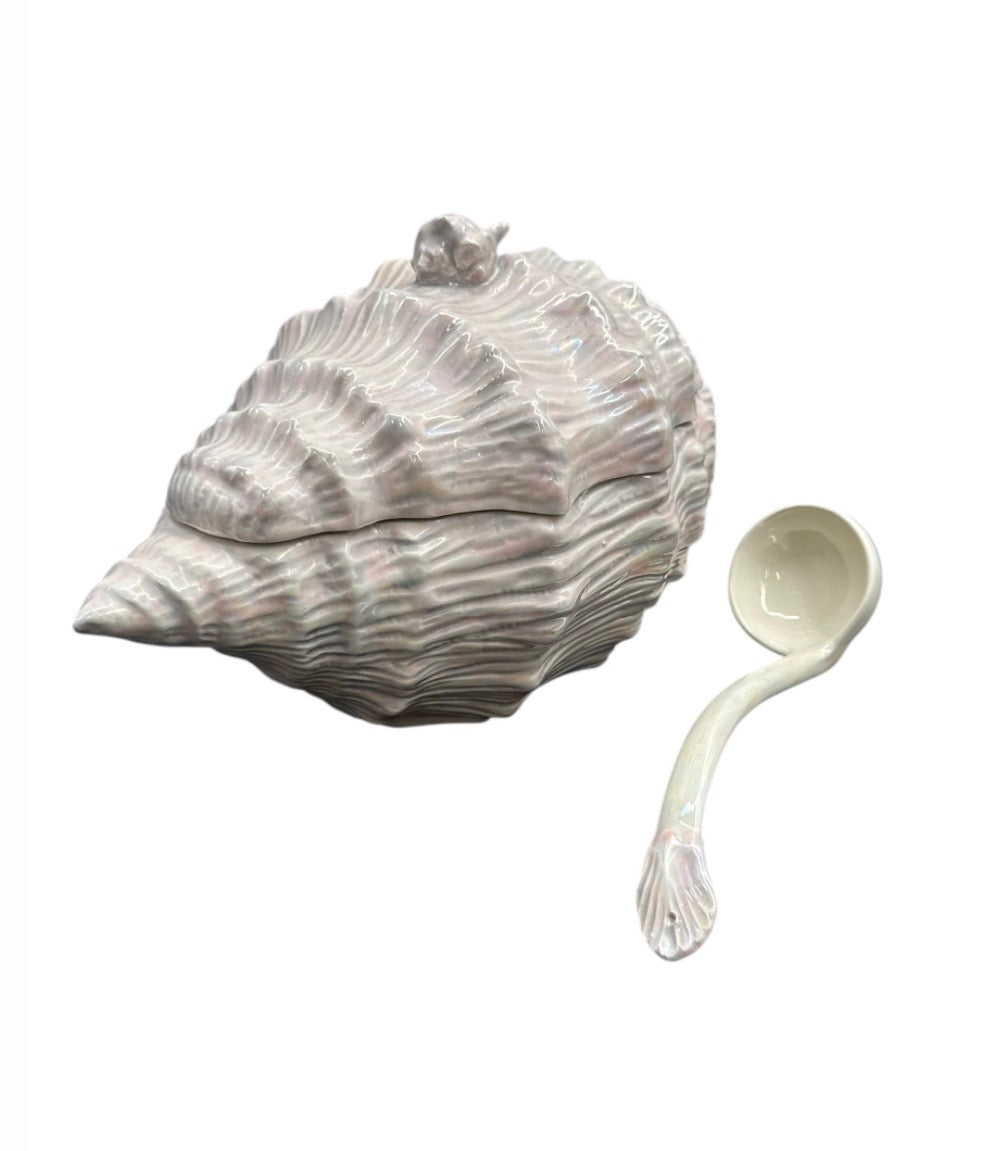 Incredible Signed 1970s Vintage Opalescent Conch Tureen With Ladle
