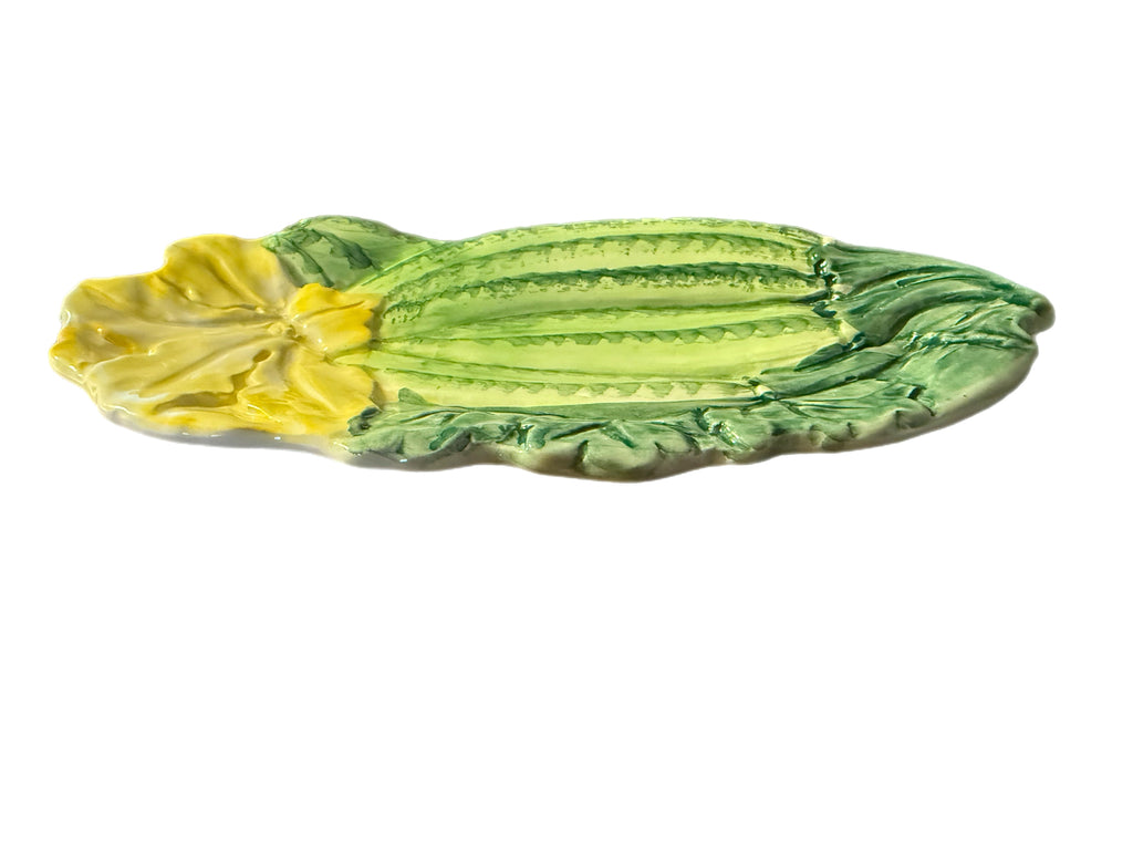 Late 20th Century Italian Majolica Hand-Painted Ceramic Zucchini Flower Serving Dish