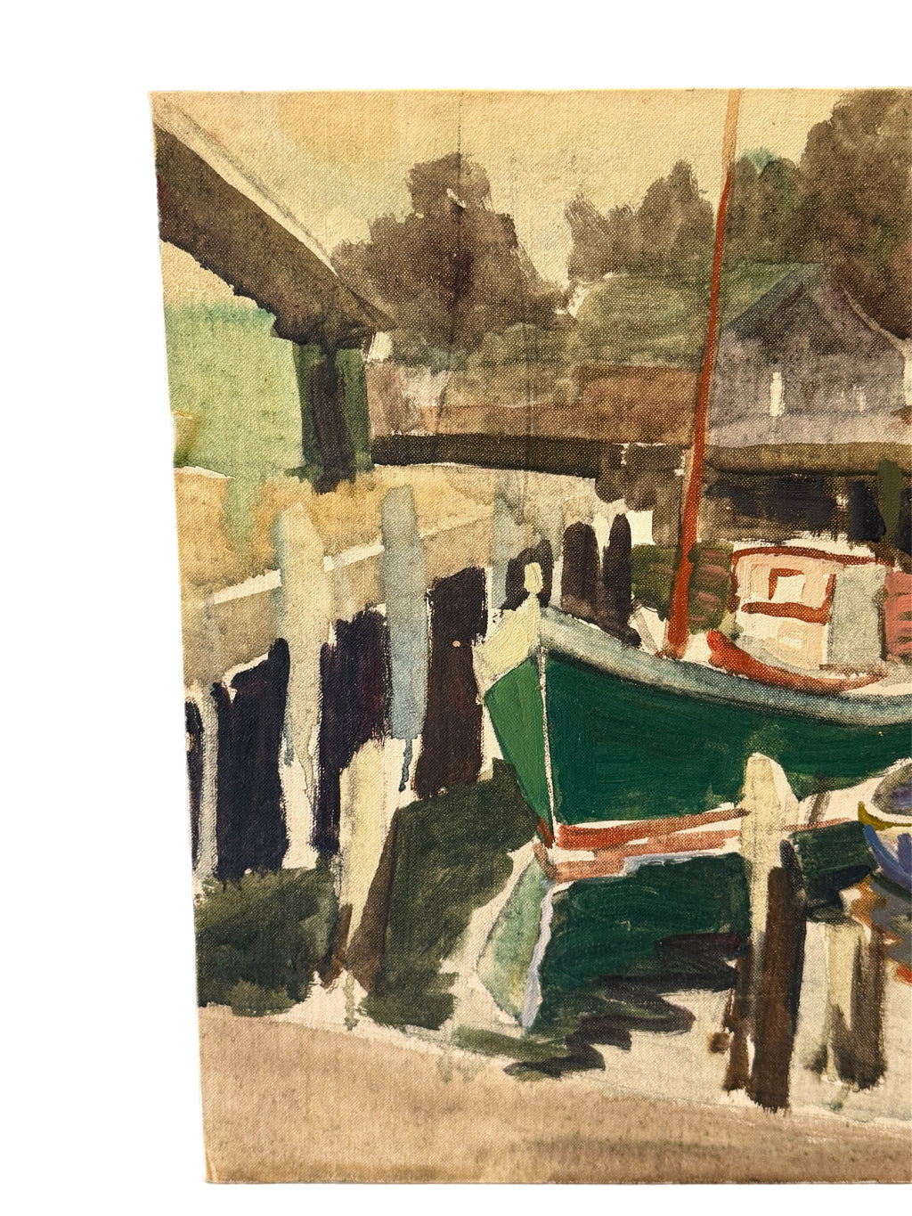 Mid-Century Modernist Harbor Scene, Mixed Media on Artist Board