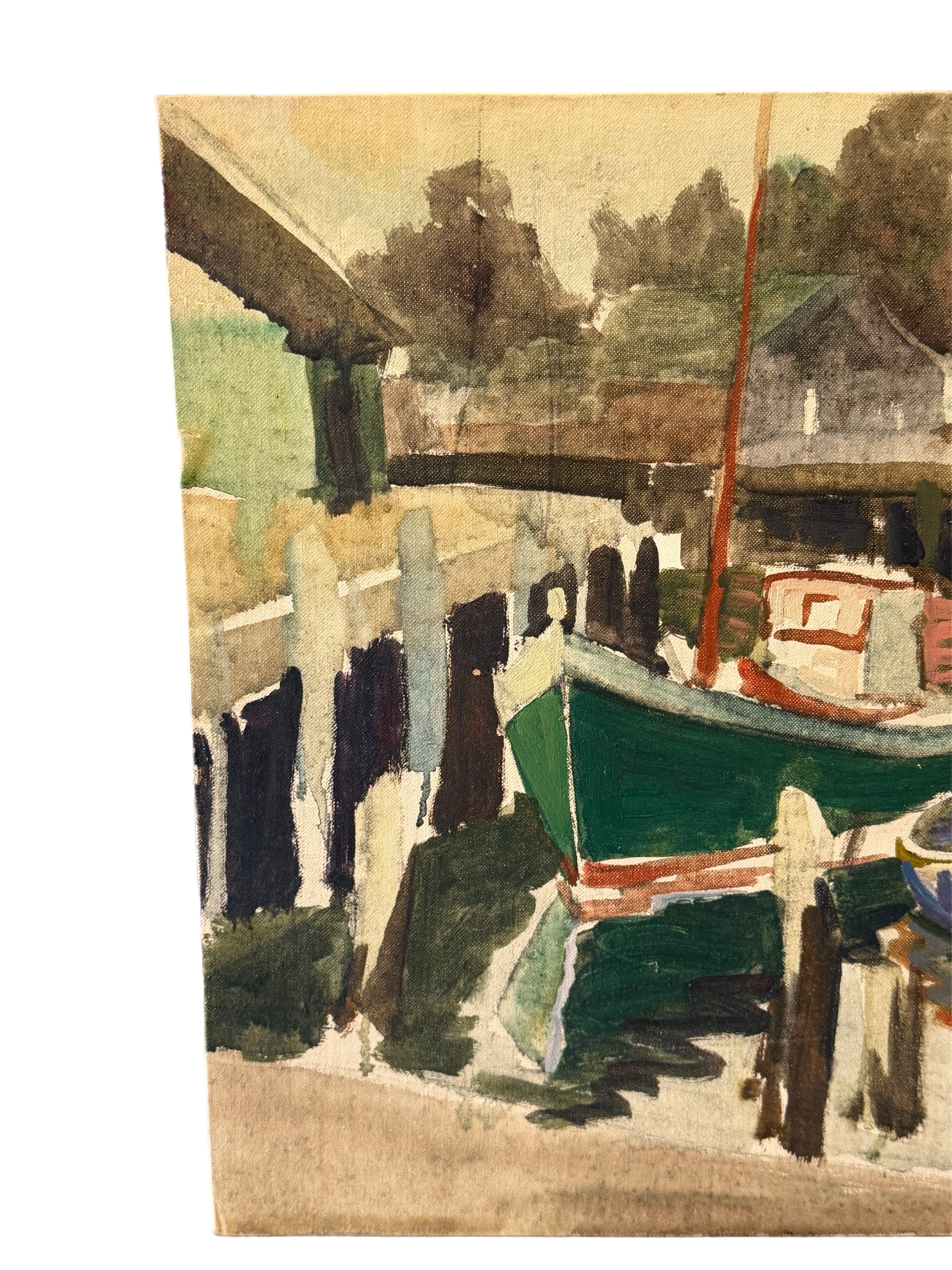Mid-Century Modernist Harbor Scene, Mixed Media on Artist Board