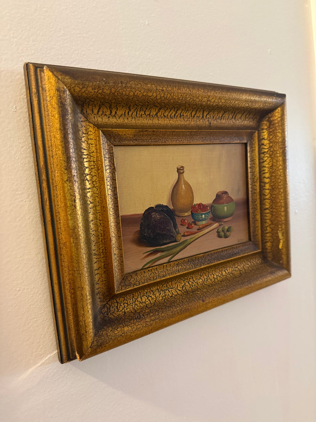 Mid 20th Century Petite European Still Life Oil in Deep Crackle Gilt Frame, Signed v. Weley
