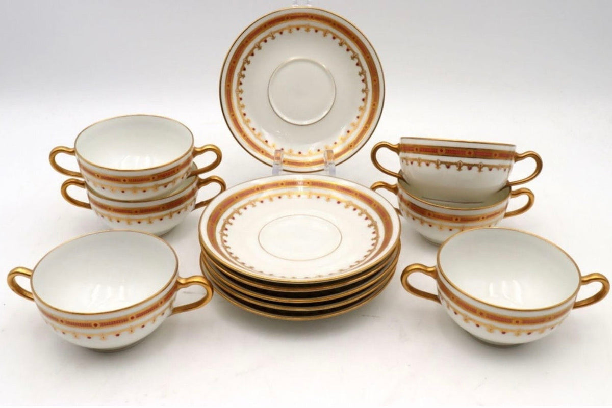Antique Haviland Limoges Edwardian Set of 6 Double Handle Bouillon Cups and Saucers