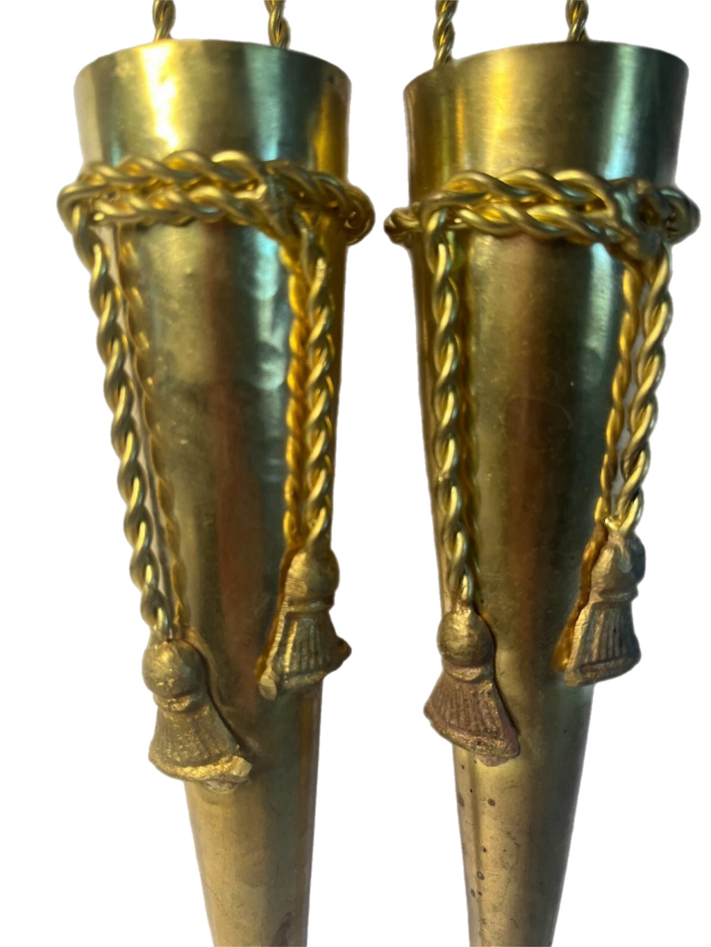 Late 20th Century Pair of Hollywood Regency Style Indian Brass Posey Wall Vases With Tassel Detail