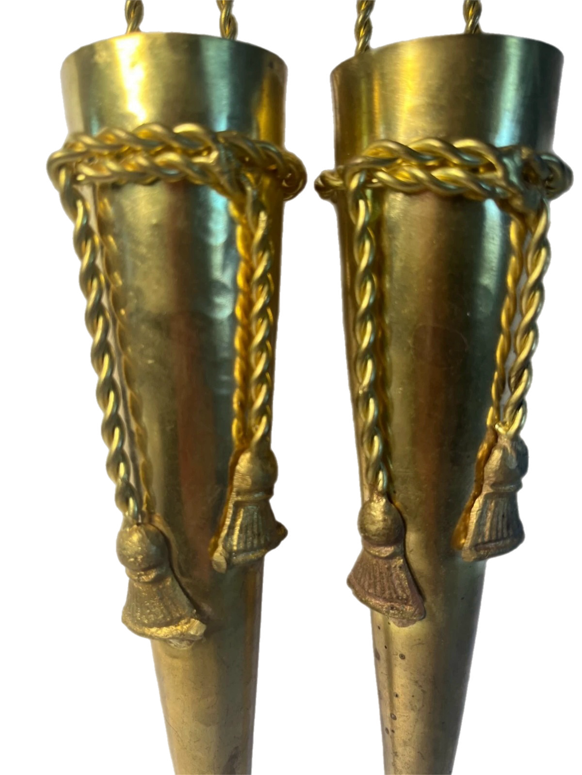 Late 20th Century Pair of Hollywood Regency Style Indian Brass Posey Wall Vases With Tassel Detail