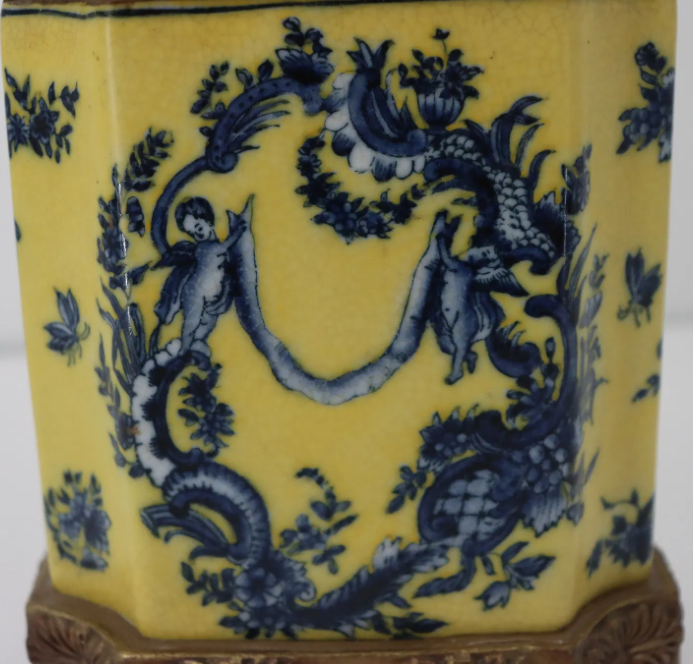 Vintage Wong Lee 1895 Chinoiserie Rococco Yellow & Blue Porcelain Ormolu Bronze Decorative Container