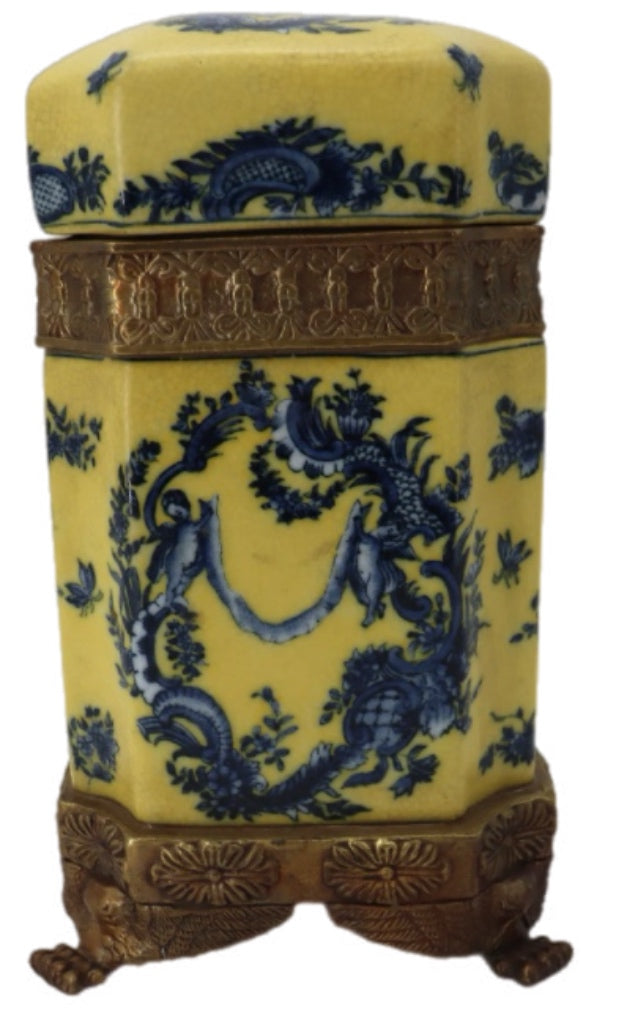 Vintage Wong Lee 1895 Chinoiserie Rococco Yellow & Blue Porcelain Ormolu Bronze Decorative Container