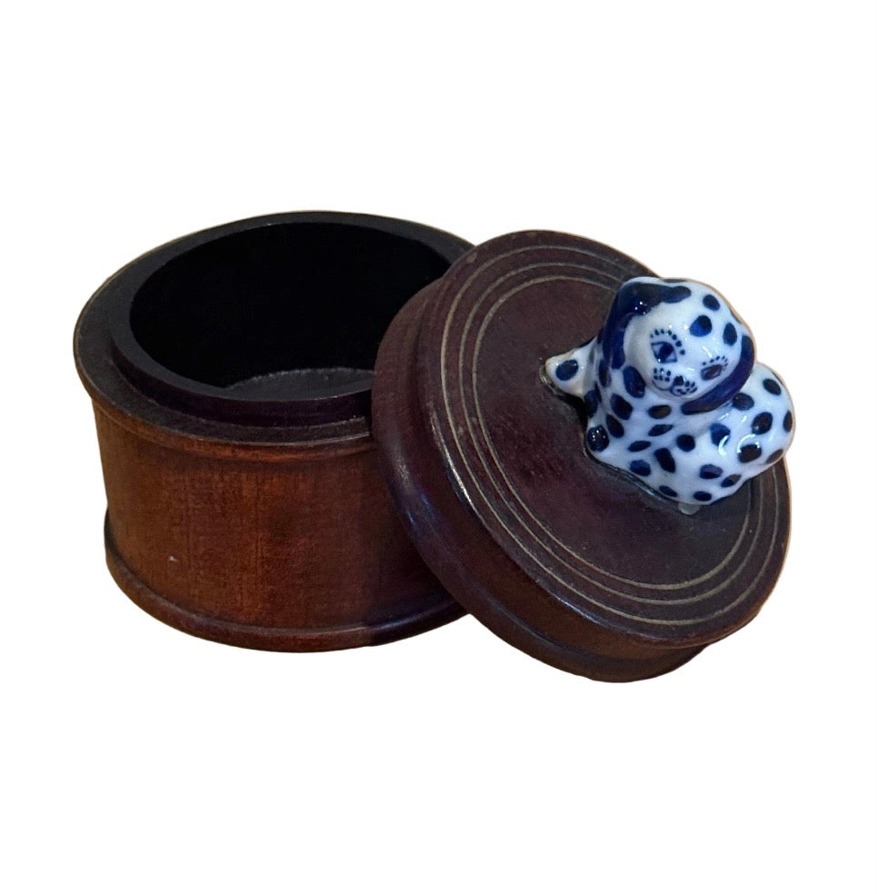 Thai Wood Round Box with Porcelain Spotted Spaniel Finial