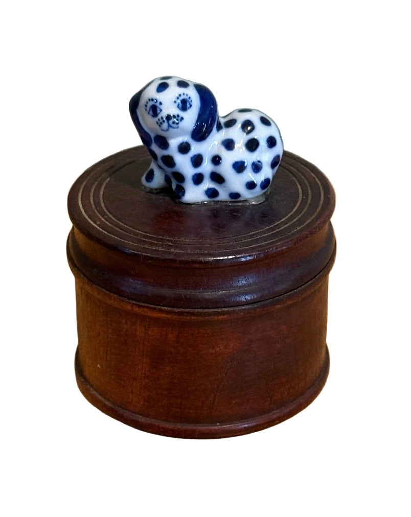 Thai Wood Round Box with Porcelain Spotted Spaniel Finial
