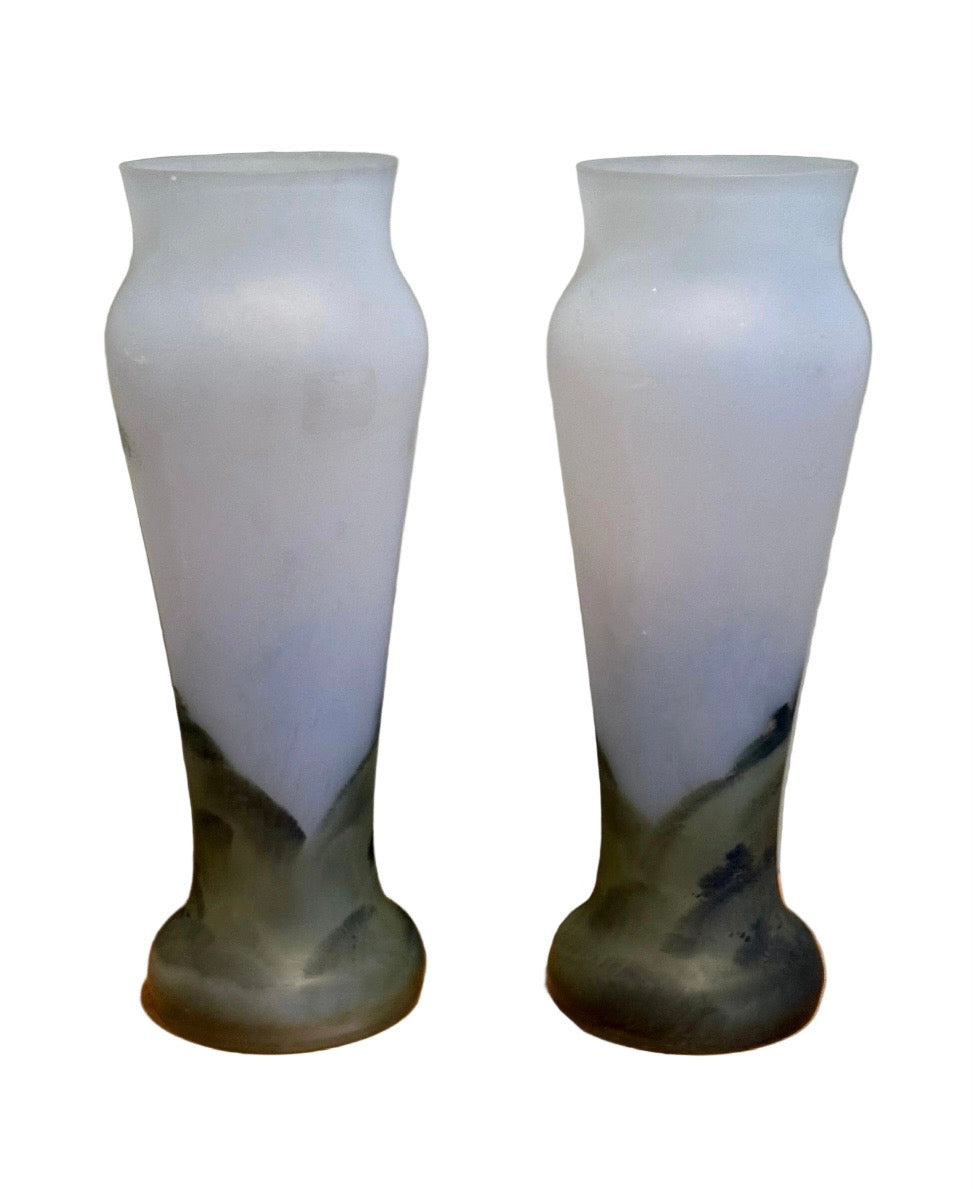Pair of Early 20th Century Frosted Glass Vases With Hand-Painted Landscapes