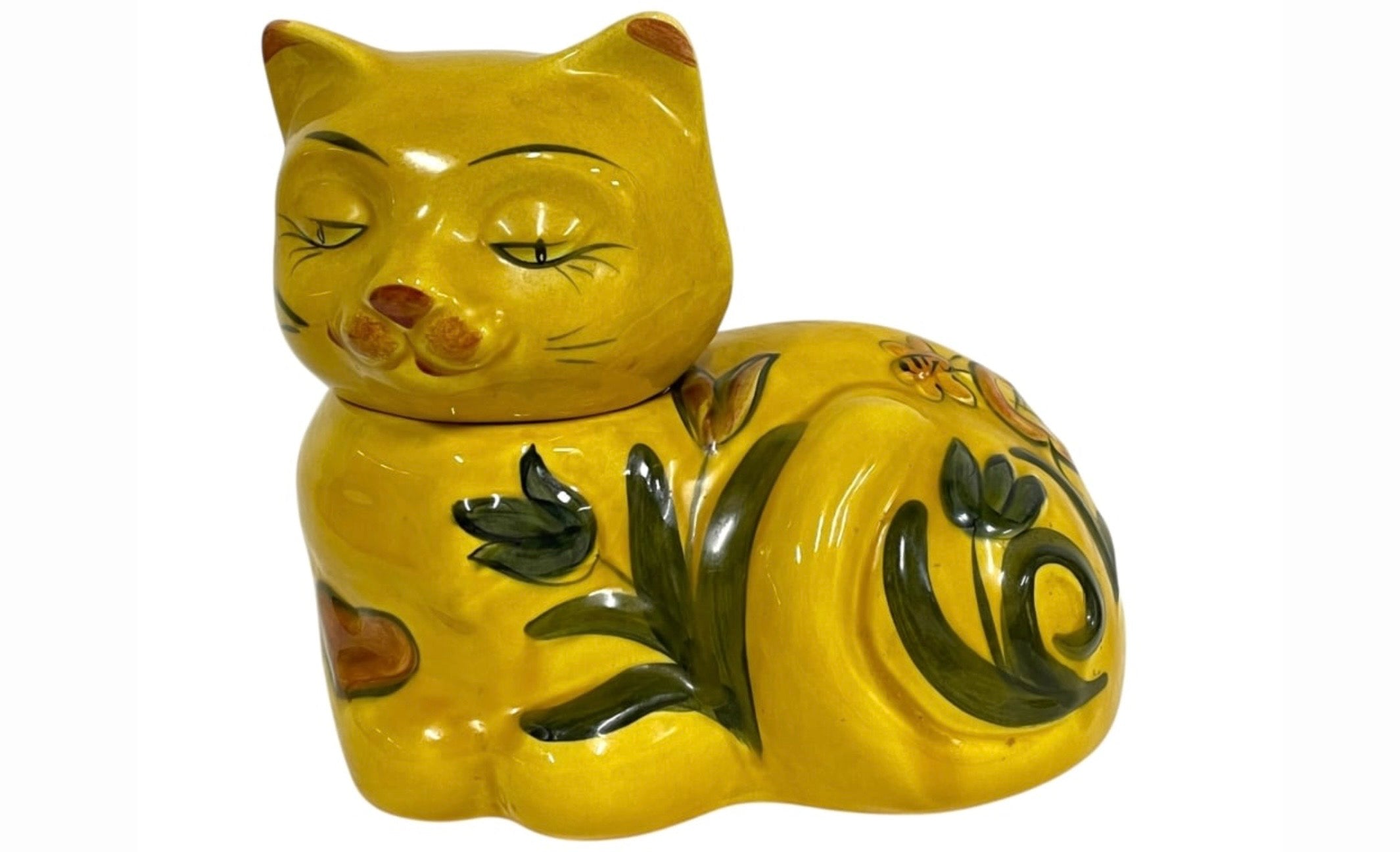 Vintage 1960s Yellow Calico Cat Ceramic Cookie Jar