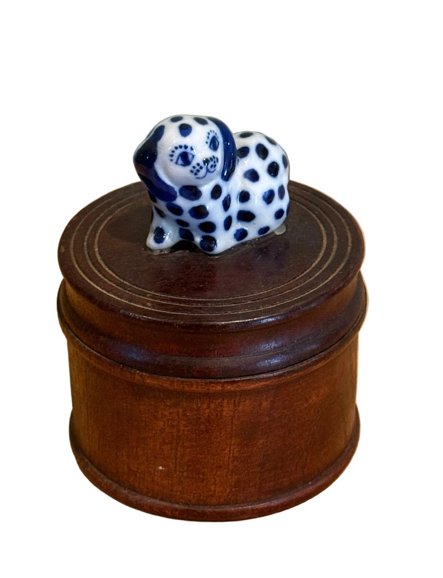 Thai Wood Round Box with Porcelain Spotted Spaniel Finial