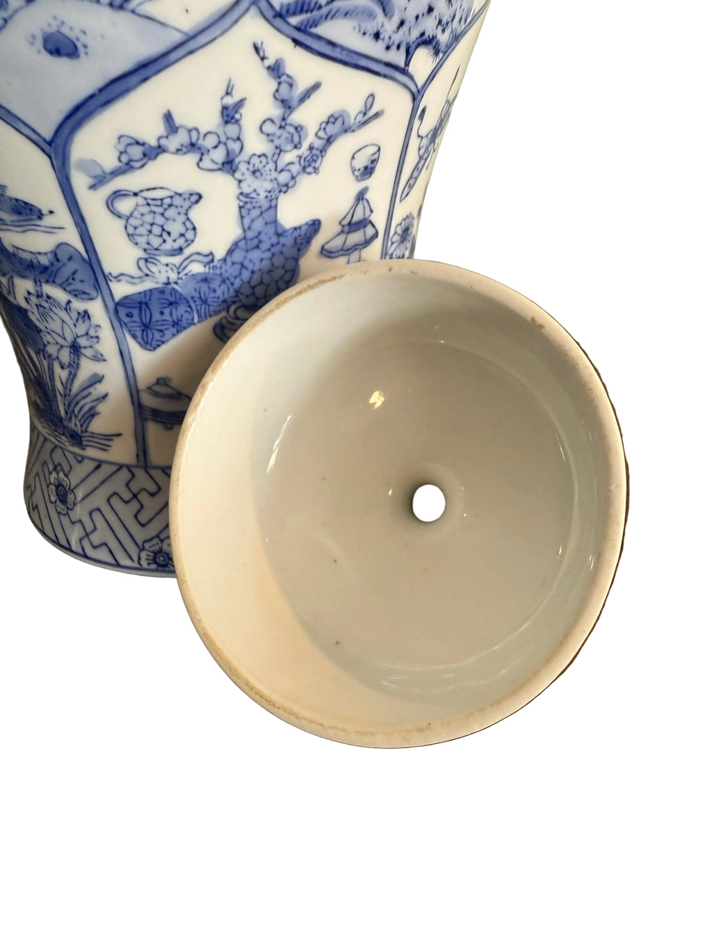 Large Vintage Baluster Form Blue and White Honeycomb Chinoiserie Vase With Fitted Lid