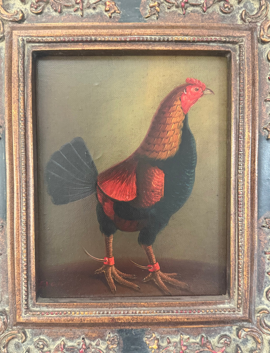 Mid 20th Century Old Master–Style Rooster Portrait Oil Painting, Ornately Framed, Signed Evans