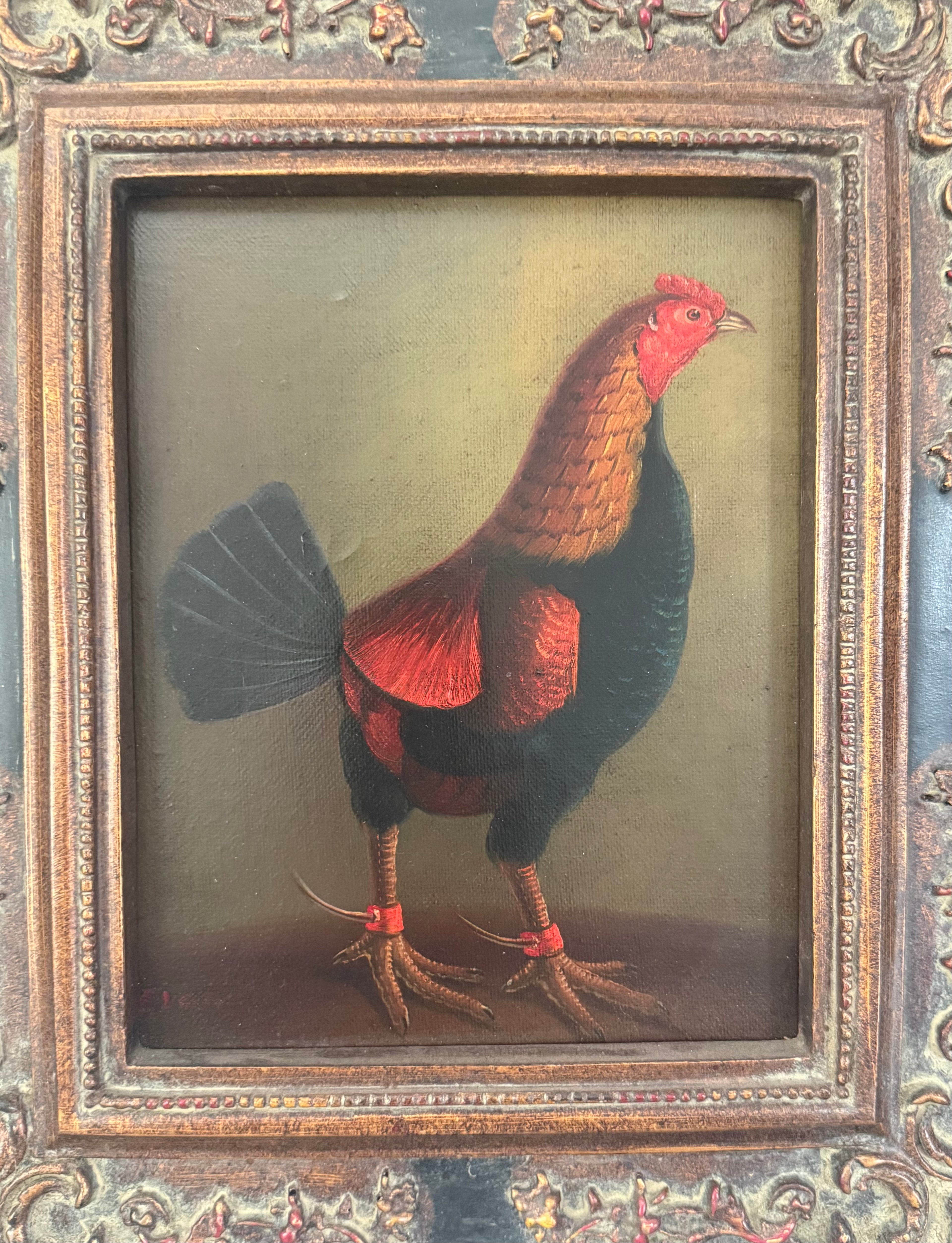 Mid 20th Century Old Master–Style Rooster Portrait Oil Painting, Ornately Framed, Signed Evans