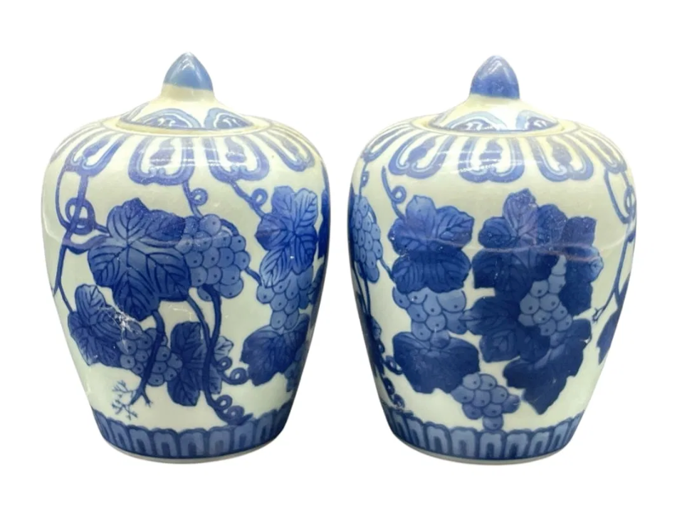 Pair of Vintage Chinese Qing Dynasty Blue and White Grape Leaf Motif Jars