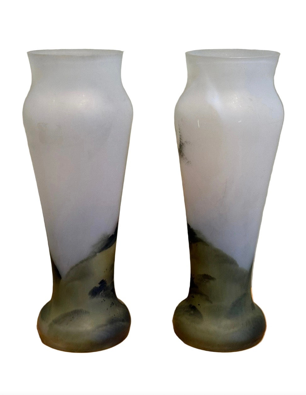 Pair of Early 20th Century Frosted Glass Vases With Hand-Painted Landscapes