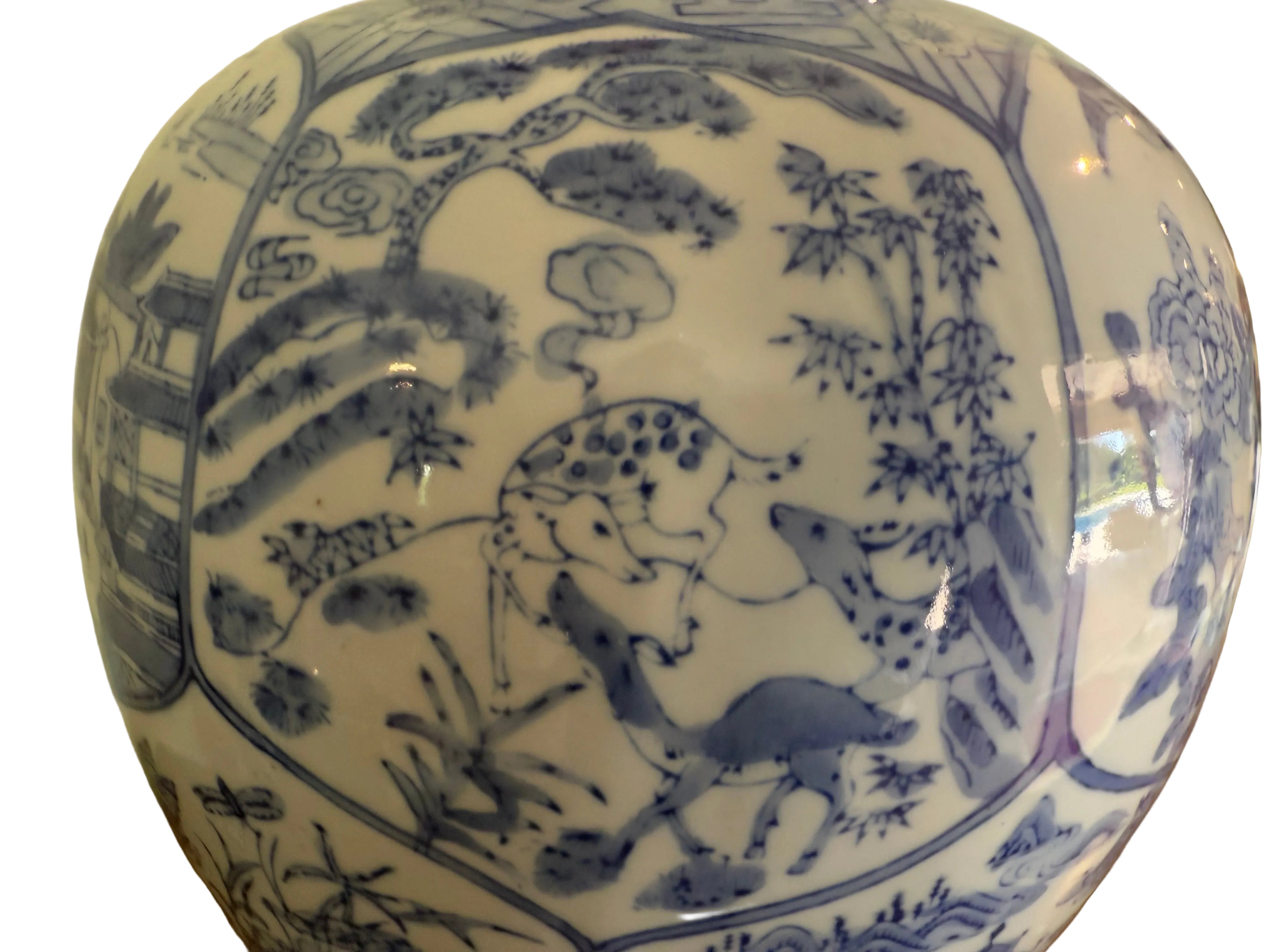 Large Vintage Baluster Form Blue and White Honeycomb Chinoiserie Vase With Fitted Lid