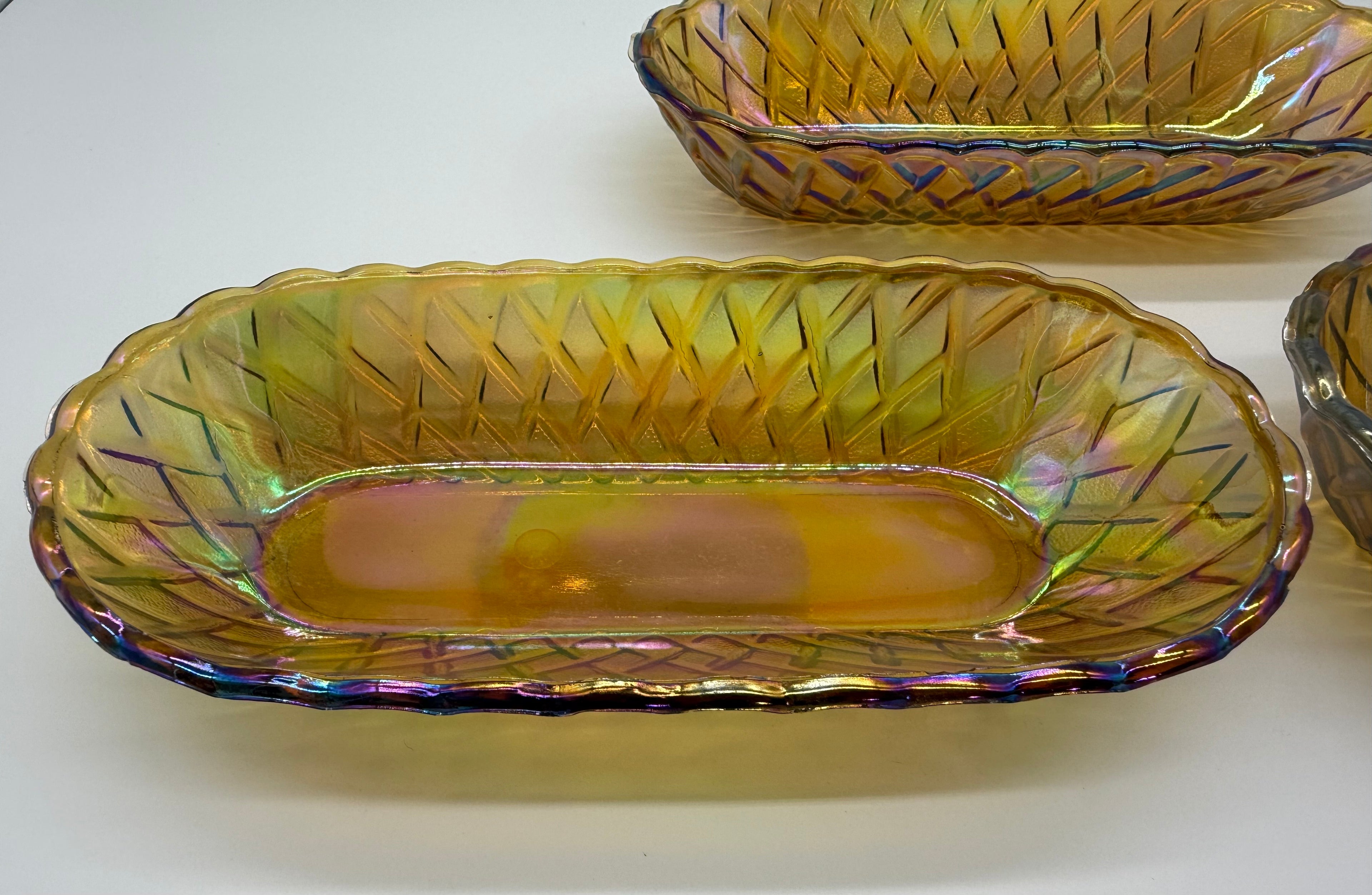 Mid 20th Century American Pressed Amber Carnival Glass Celery Dish - Set of 3