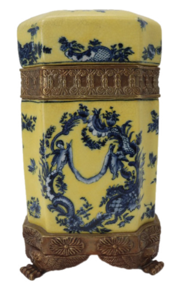 Vintage Wong Lee 1895 Chinoiserie Rococco Yellow & Blue Porcelain Ormolu Bronze Decorative Container