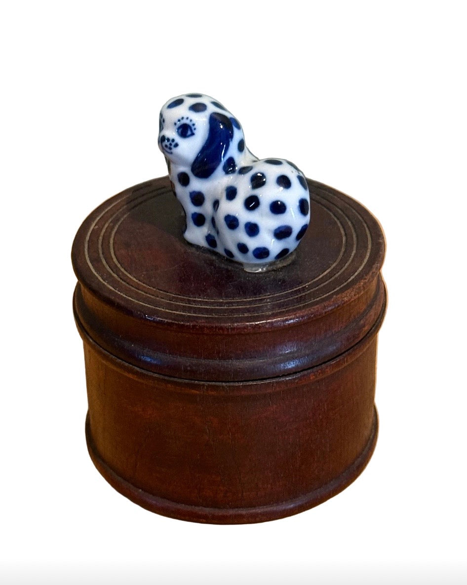 Thai Wood Round Box with Porcelain Spotted Spaniel Finial