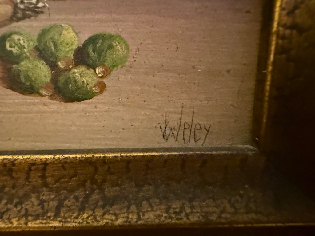 Mid 20th Century Petite European Still Life Oil in Deep Crackle Gilt Frame, Signed v. Weley