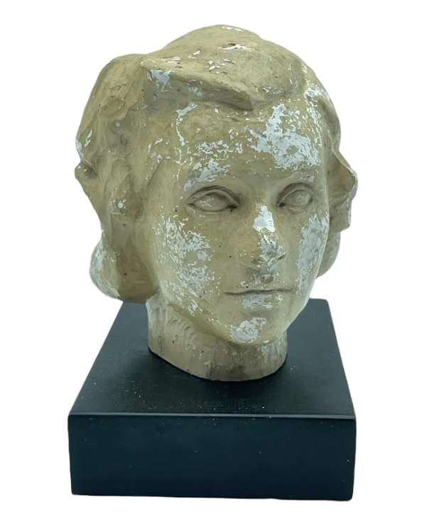 Elegant Vintage Plaster Bust of Woman on Black Wood Base