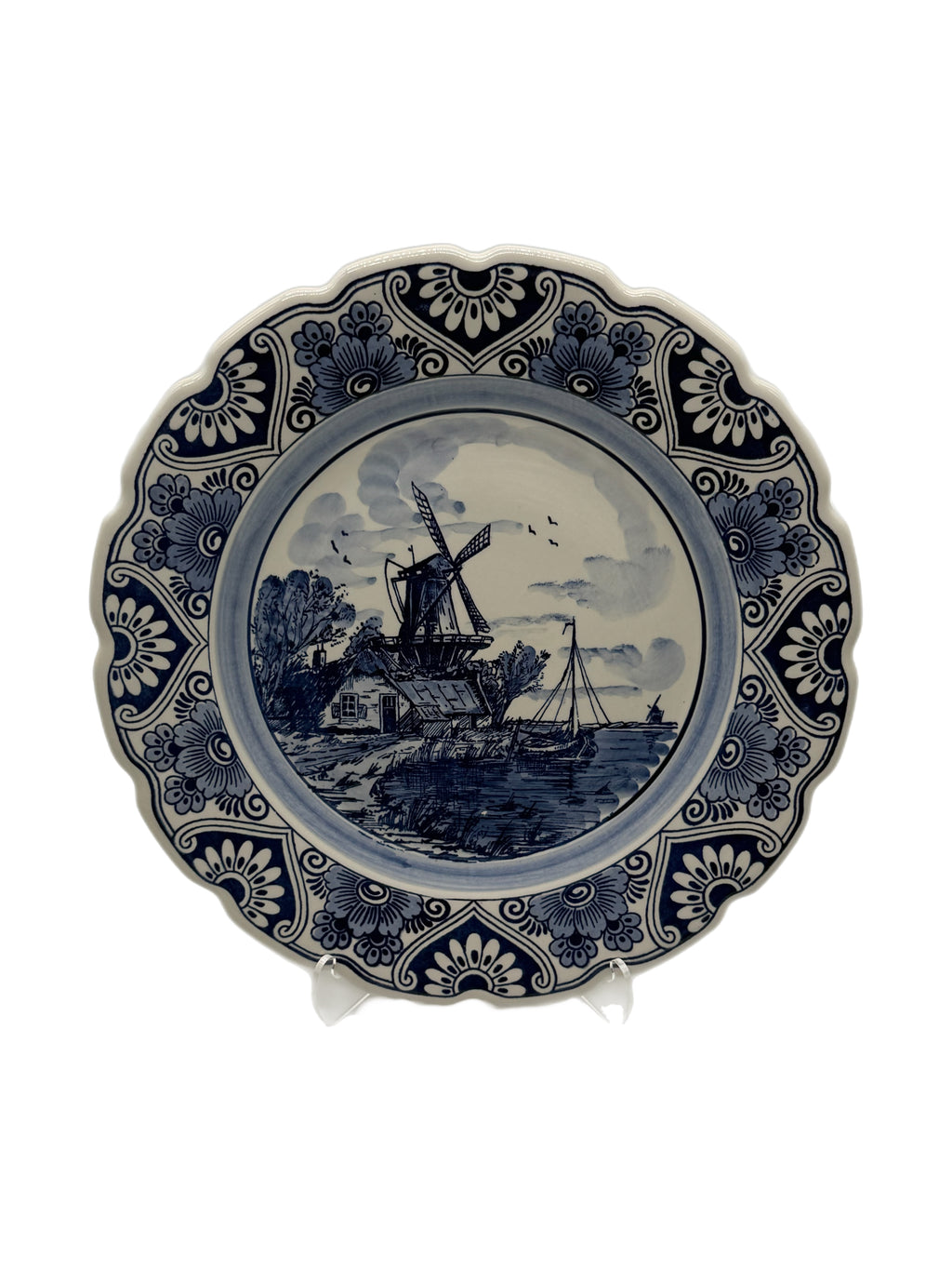 Delft Blue Hand-Painted Windmill Landscape Decorative Plate with Scalloped Floral Border