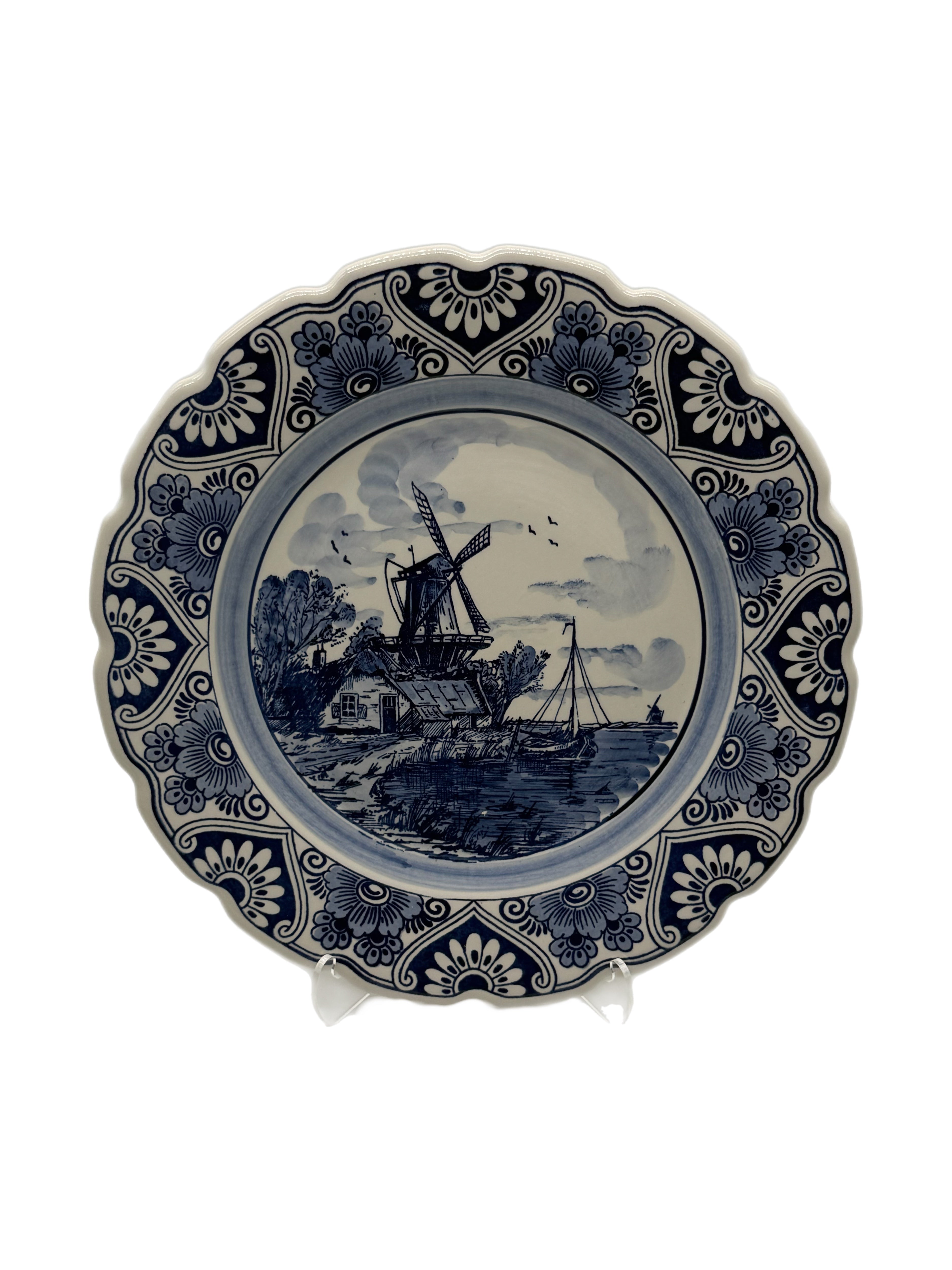Delft Blue Hand-Painted Windmill Landscape Decorative Plate with Scalloped Floral Border