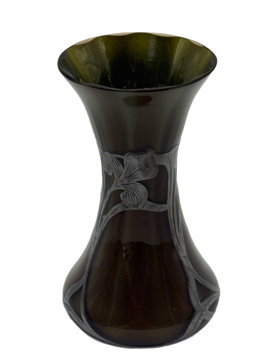 Early 20th Century Art Nouveau Green Glass Vase With Silver Floral Overlay