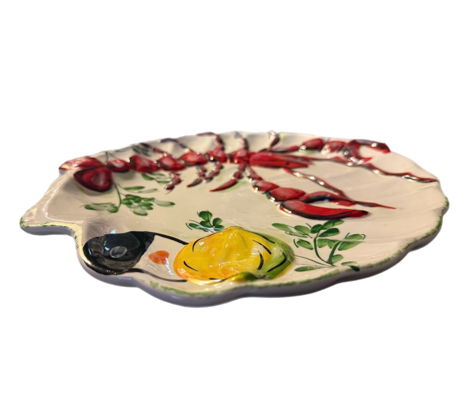 Late 20th Century Hand-Painted Raised Lobster & Lemon Ceramic Platter