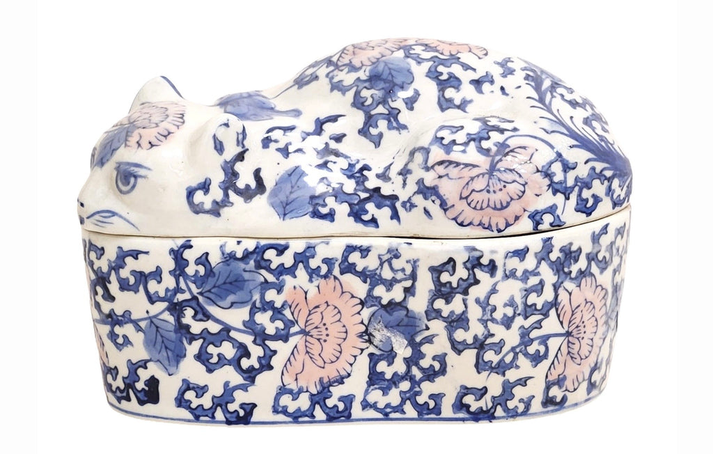 Vintage Chinese Porcelain Cat-Shaped Box With Scrolling Floral Design