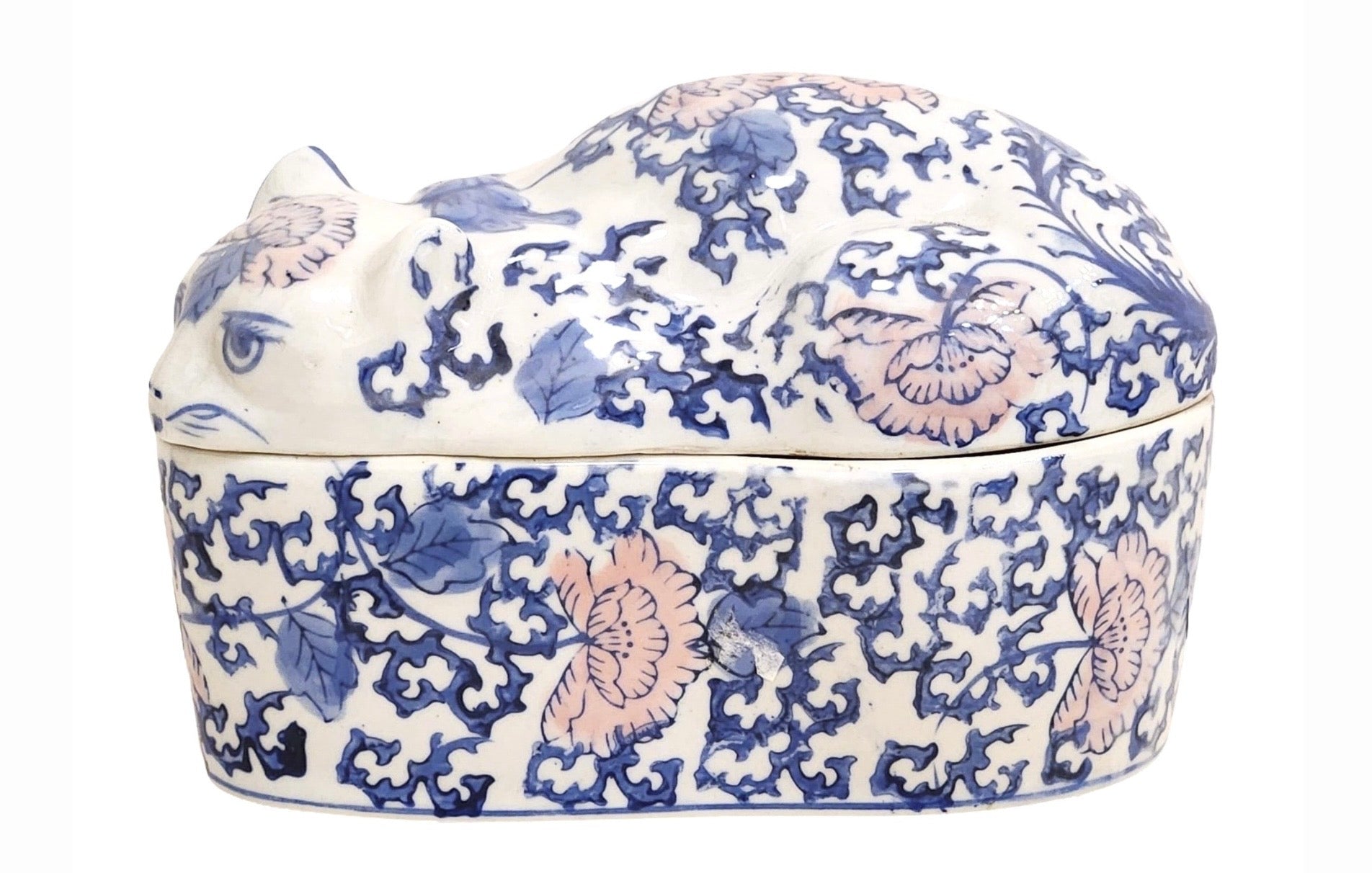 Vintage Chinese Porcelain Cat-Shaped Box With Scrolling Floral Design
