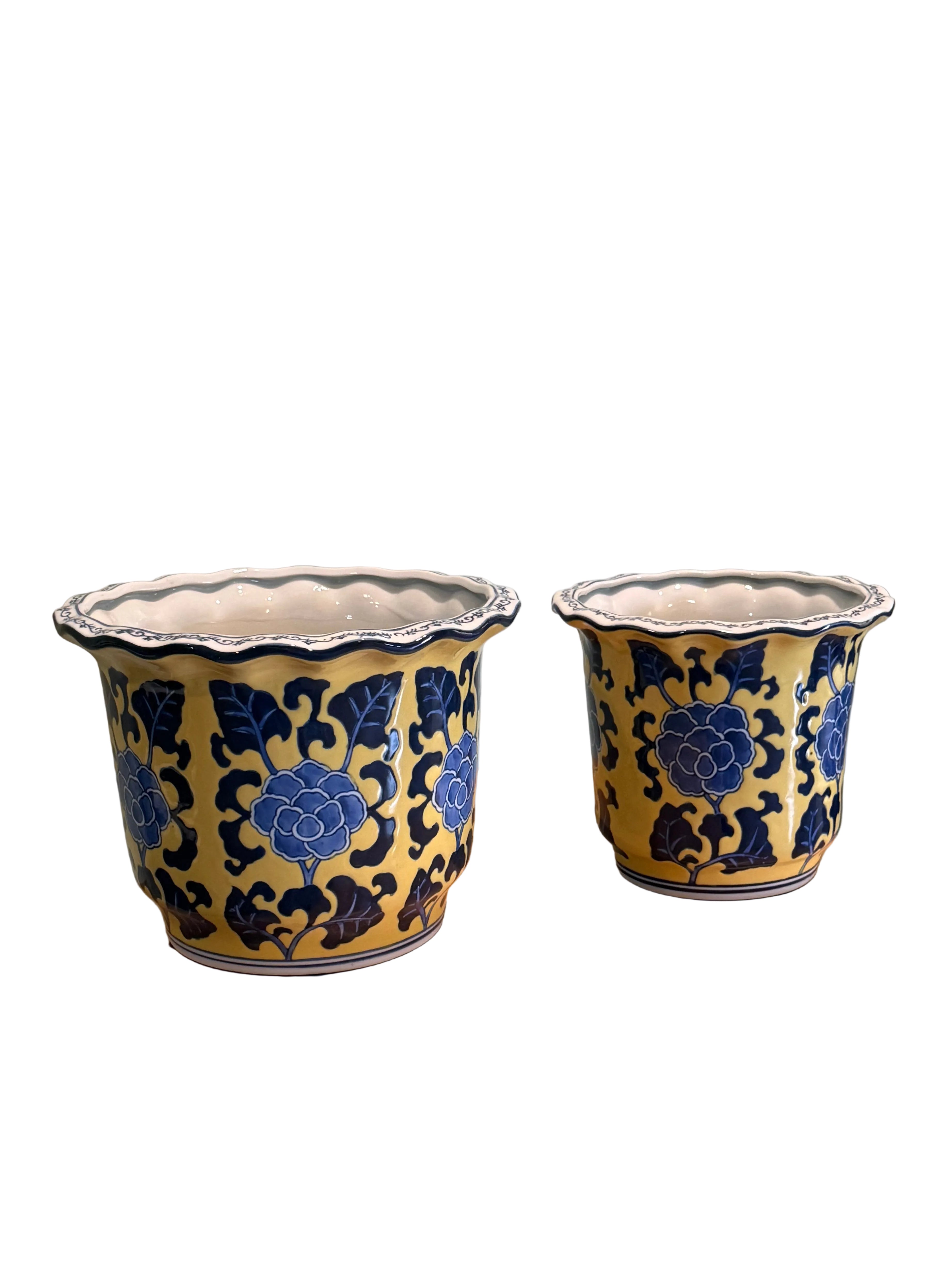 Late 20th Century Matching Pair of Yellow and Blue Chinoiserie Cachepot / Planters