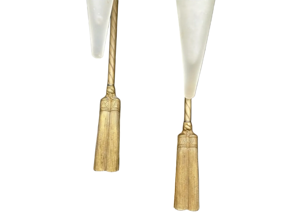 Late 20th Century Pair of Decorative Brass Wall Sconces With Bow Motif and Frosted Glass Vases
