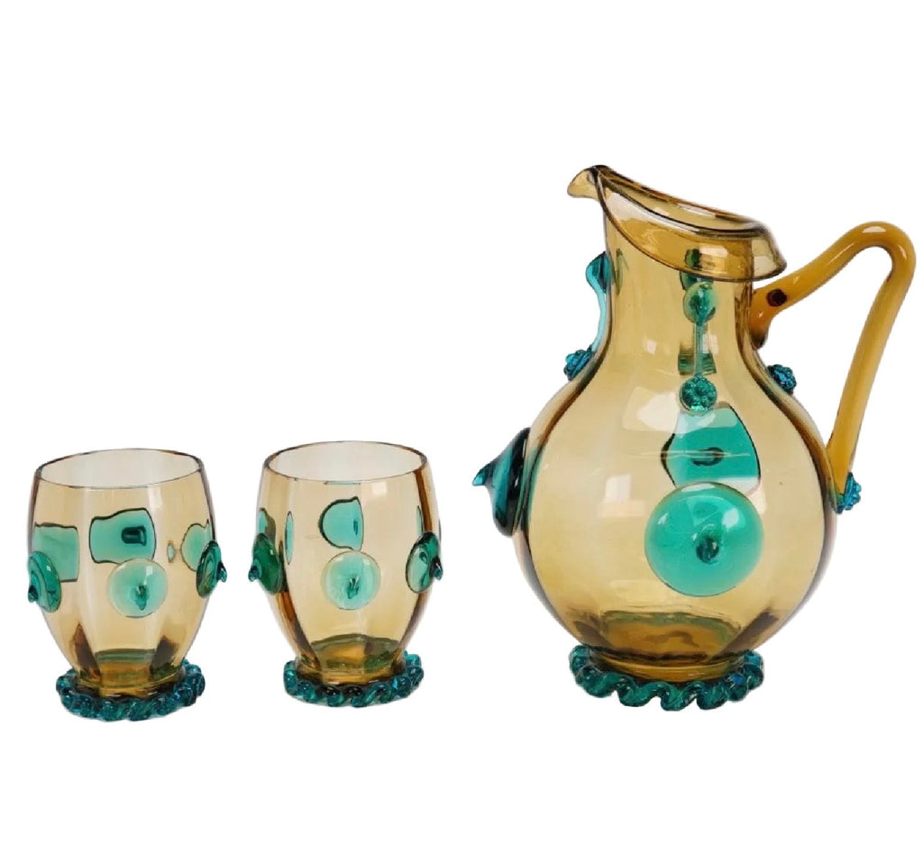 Early 20th Century Amber and Teal Blown Glass Pitcher With 2 Matching Tumblers