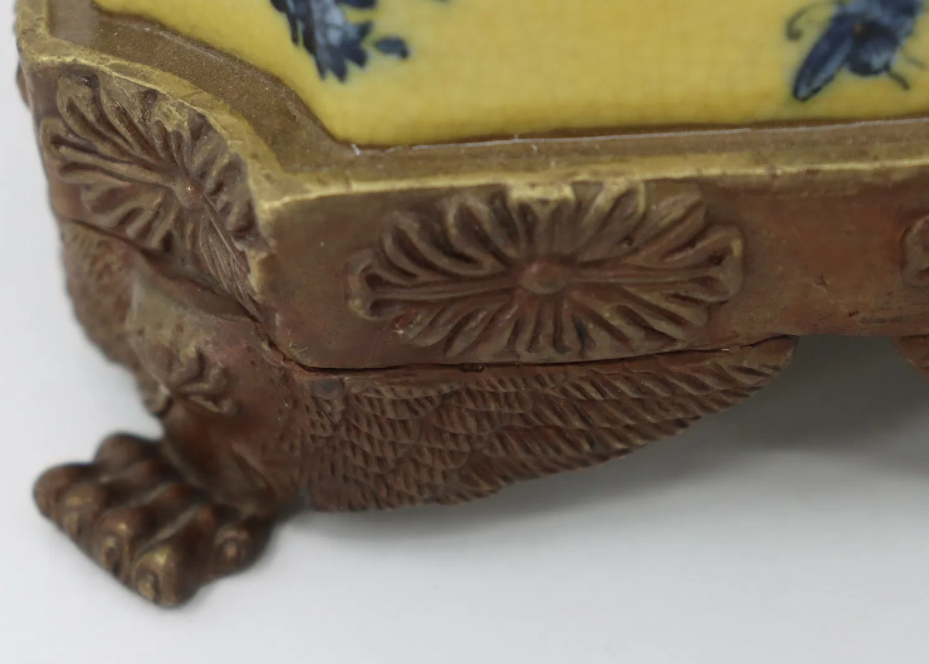 Vintage Wong Lee 1895 Chinoiserie Rococco Yellow & Blue Porcelain Ormolu Bronze Decorative Container